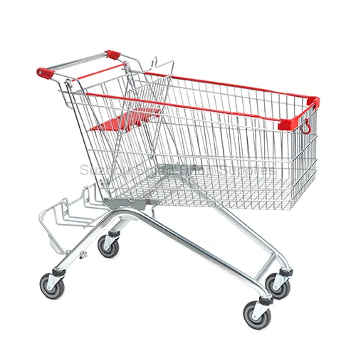 Side profile of the wholesale-grade SMT-SC-A185L 185L Euro style wire shopping cart featuring a rear crate rack, wrap-around red edge protectors, a front bag hook, and a child seat by Suzhou Sm