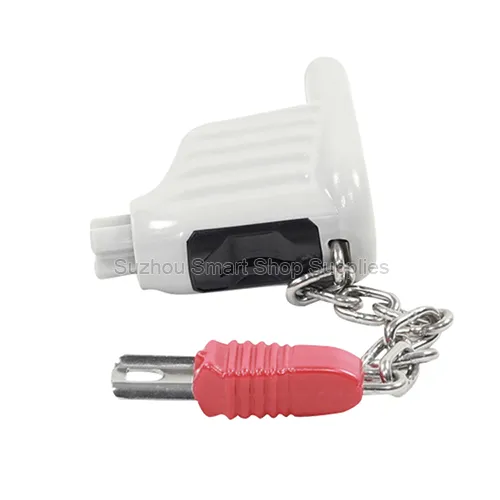 SMT-SC-CL17 streamlined light grey PC plastic shopping cart coin lock featuring a side-loading mechanical slot and red insertion plug by Suzhou Smart Shop Supplies