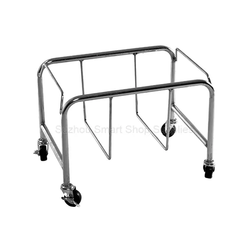 Empty frame of the SMT-BS02 chrome metal rolling shopping basket stacker by Suzhou Smart Shop Supplies featuring a polished steel build and four swivel casters