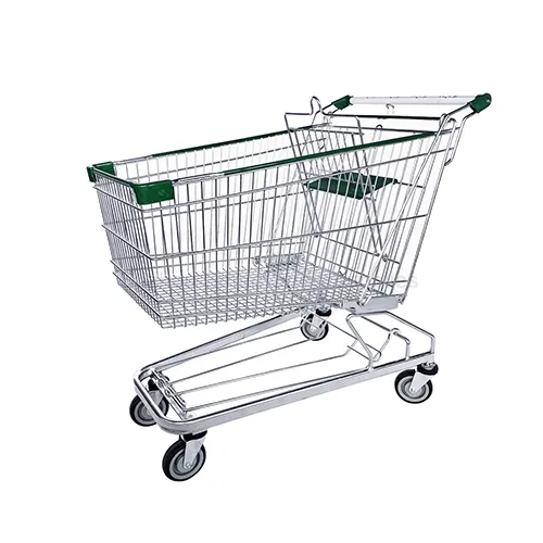 Angled view of the extra-large SMT-SC-BG150L 150L Asian-German style wire shopping cart featuring a heavy-duty hybrid chassis with a bottom tray, bright silver finish, and vibrant green wrap-around ed