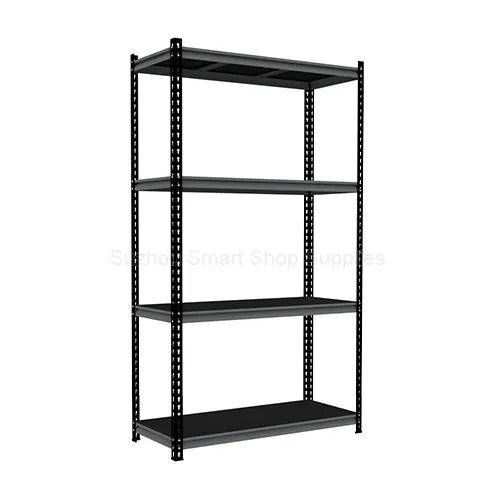 SMT-ASR01 heavy-duty 4-tier boltless angle steel rack in textured black finish by Suzhou Smart Shop Supplies