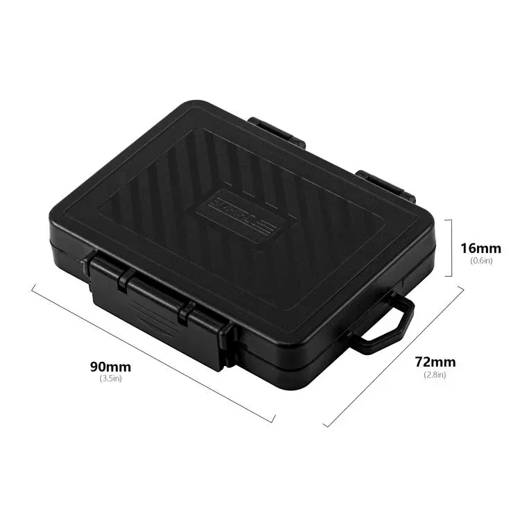 24-slot memory card storage case, closed with carabiner