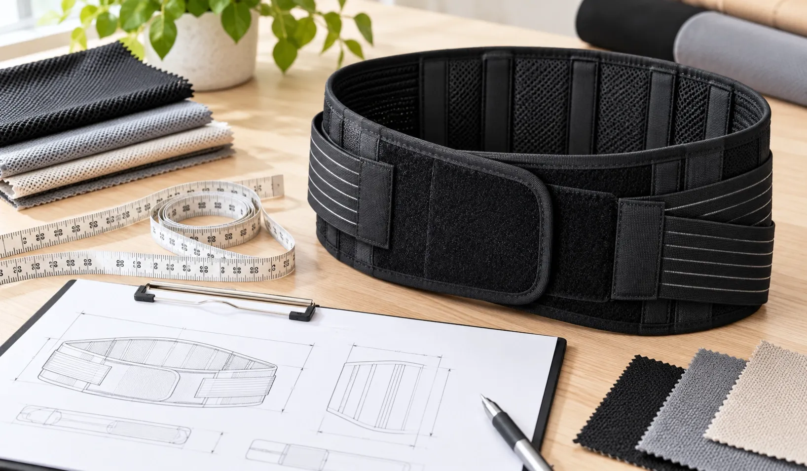 Adjustable lumbar support belt with measuring tape and fabric samples during OEM size development