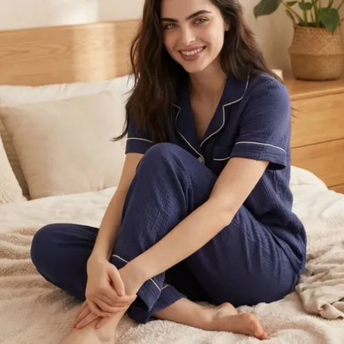 short sleeve lapel collar button front long pants pajama set xlkl854 lifestyle view