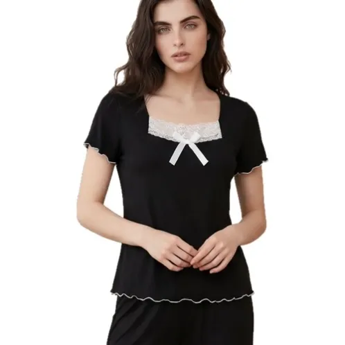 short sleeve lace trim long pants pajama set xlkte-154 detail view