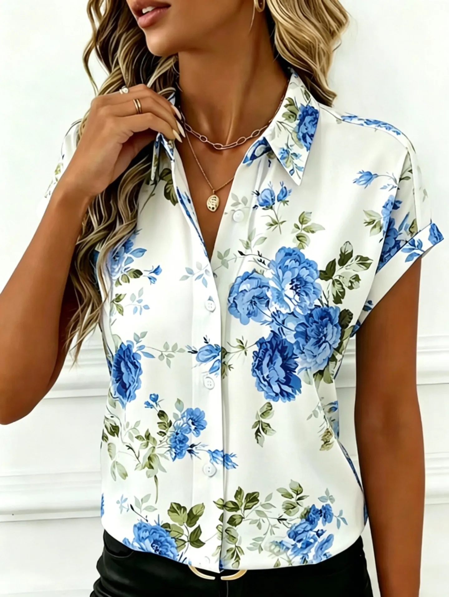 floral print lapel collar shirt xlk0094-1 front view