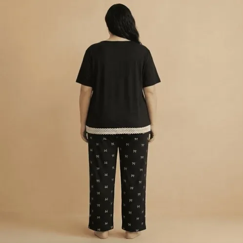 plus size short sleeve lace trim printed long pants pajama set xlk446 lifestyle view