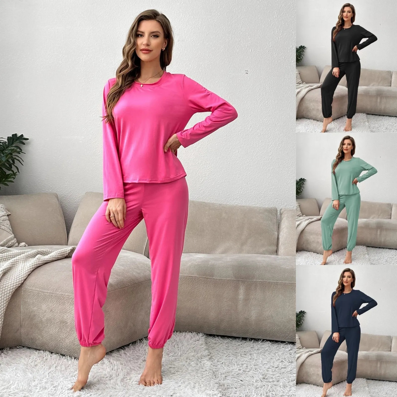 women lightweight long sleeve long pants pajama set xlk259918-2 front view