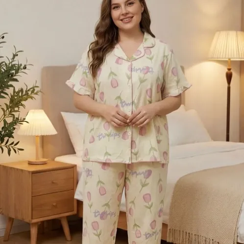 plus size short sleeve button front printed pajama set xlkte-052 front view
