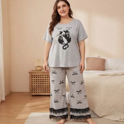 plus size short sleeve lace trim printed pajama set xlkl407 detail view