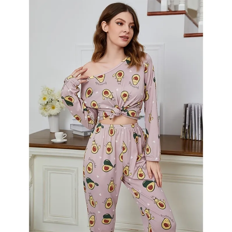 women milk silk cartoon print long sleeve long pants pajama set xlk90011 lifestyle view