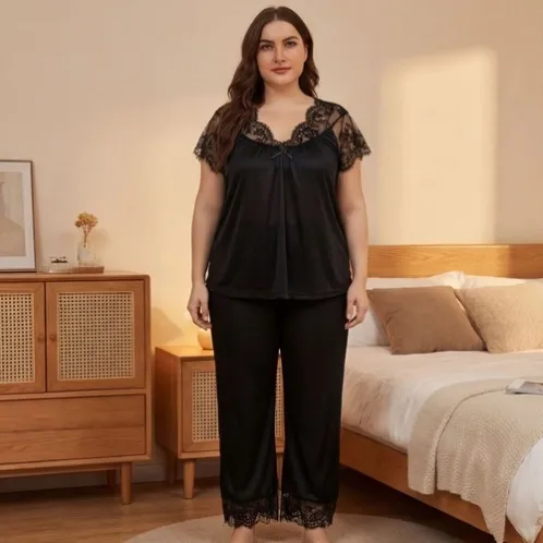 plus size short sleeve lace trim long pants pajama set xlkl187 front view