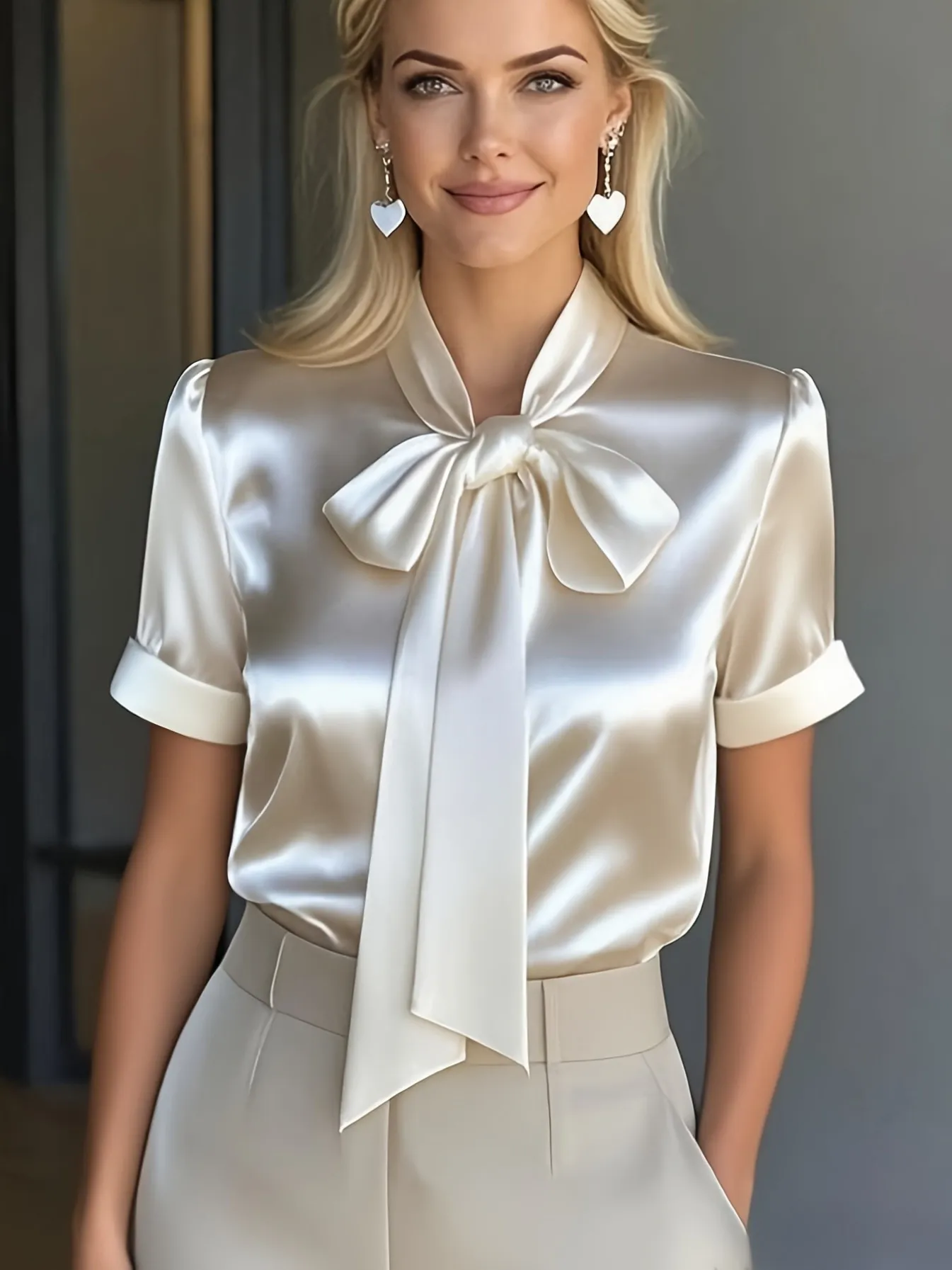 satin short sleeve bow blouse xlk0076 front view