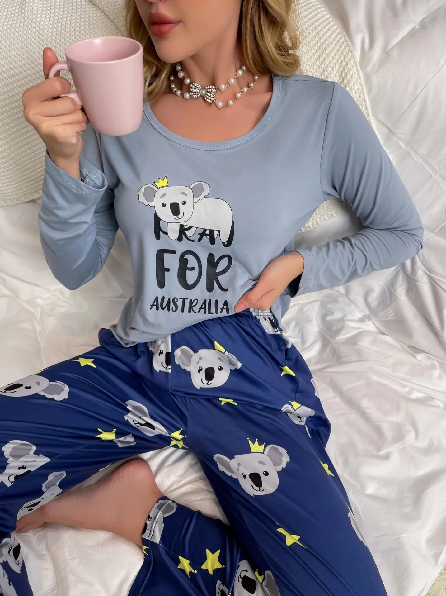 women milk silk cartoon print long sleeve long pants pajama set xlk90011 lifestyle view