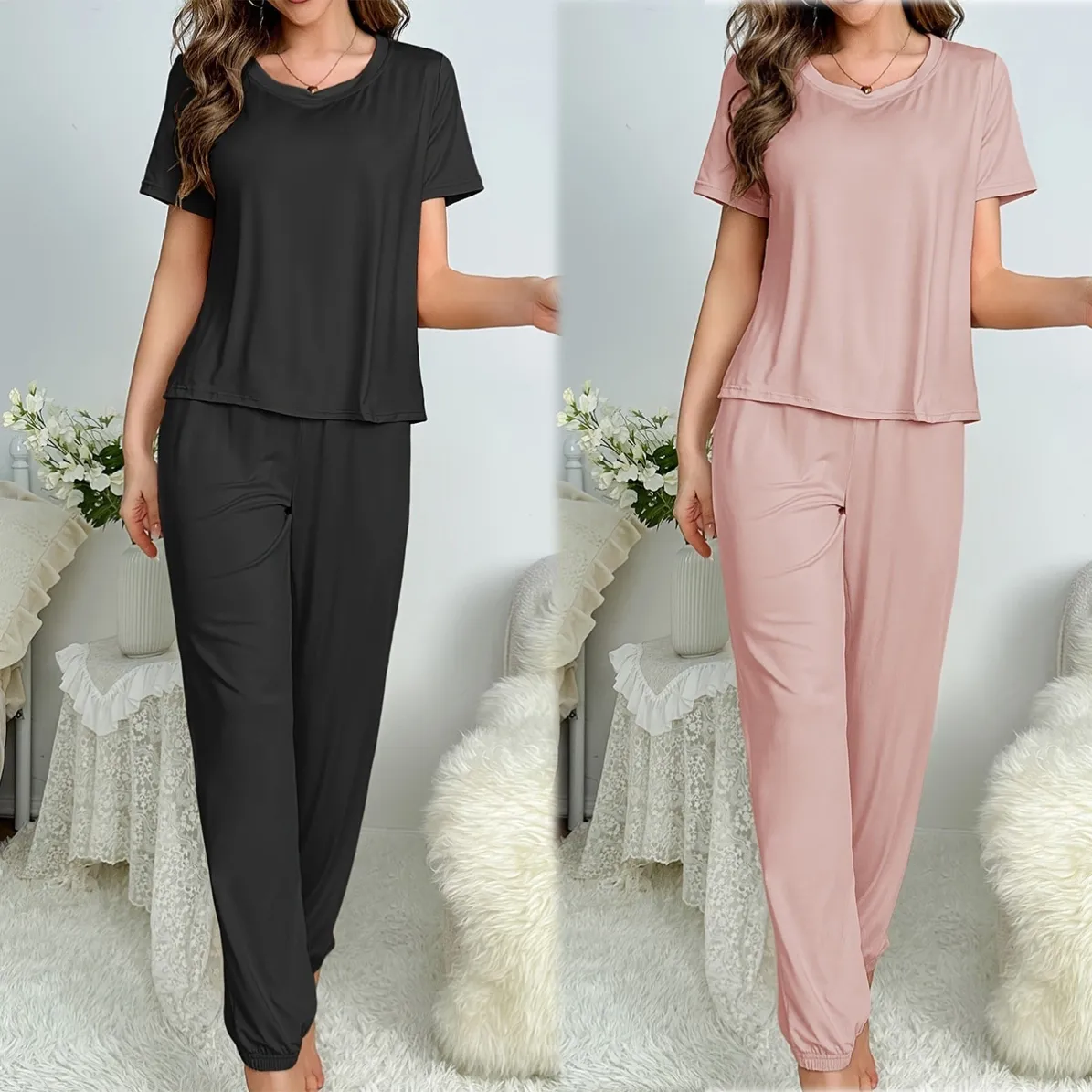 women milk silk pajama set xlk93012-2 lifestyle view