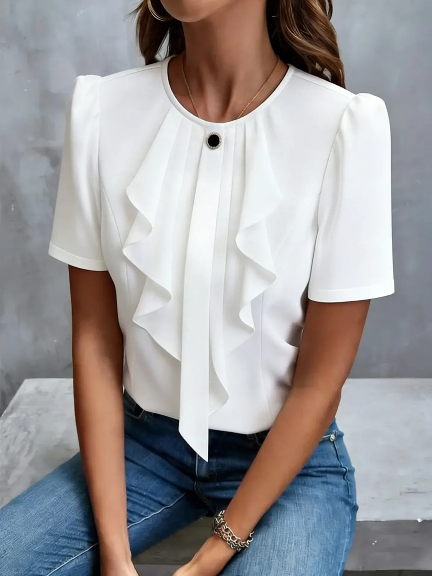 round neck short sleeve ruffle ruched blouse xlk0081 front view