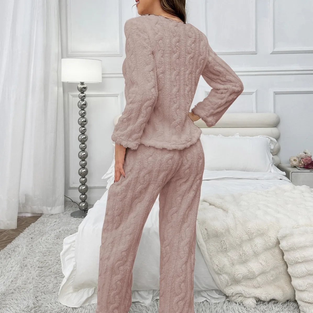 women flannel warm striped long sleeve long pants pajama set xlk5312-1 lifestyle view