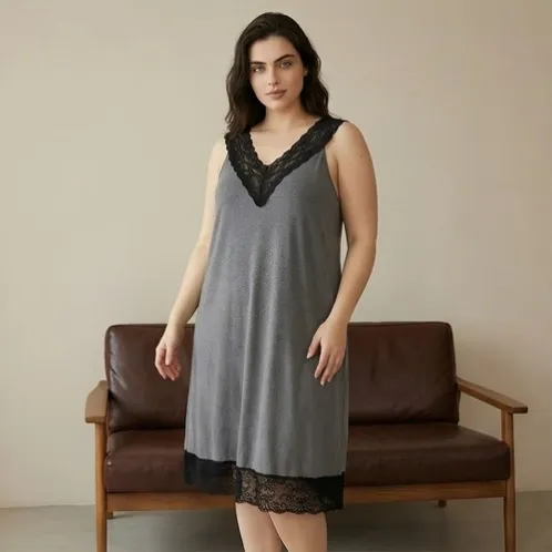 plus size sleeveless v-neck lace trim nightdress xlkte-095 detail view