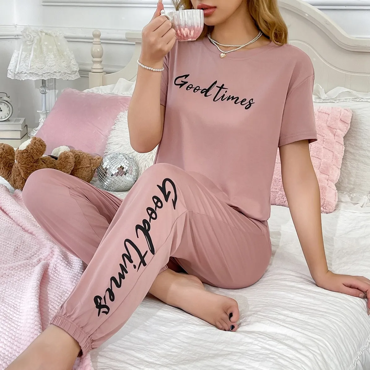 women milk silk printed short sleeve long pants pajama set xlk9881-2 lifestyle view