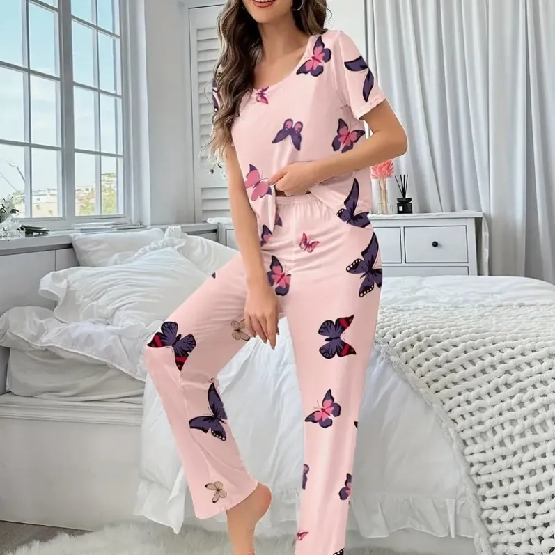 women milk silk printed short sleeve long pants pajama set xlkp93064 lifestyle view
