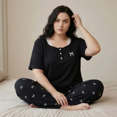 plus size short sleeve lace trim printed long pants pajama set xlk446 detail view