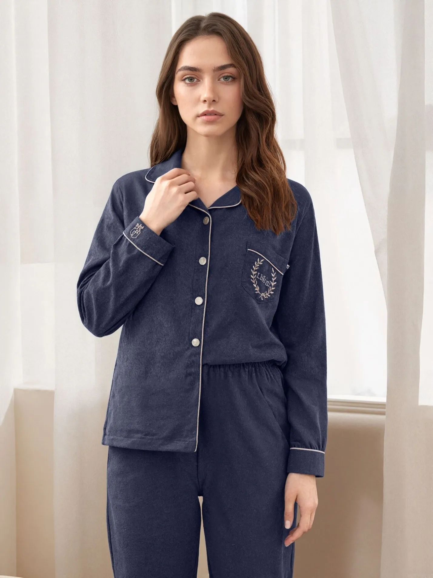 women cotton button front long sleeve long pants pajama set xlk411 lifestyle view