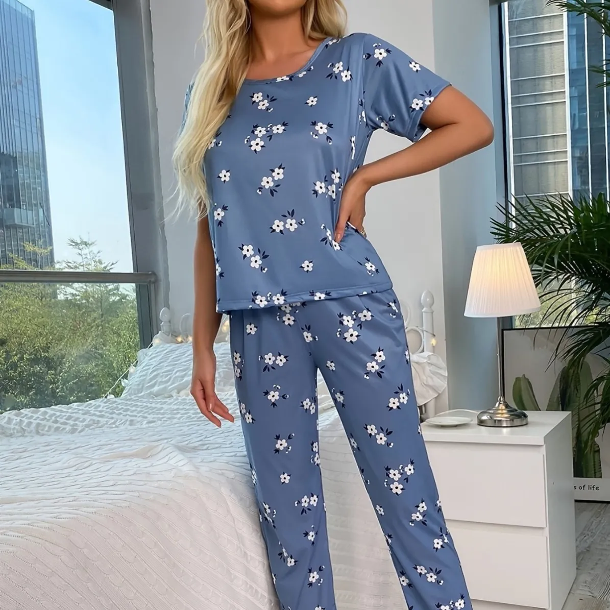 women milk silk printed short sleeve long pants pajama set xlk55027-1 lifestyle view