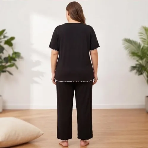 plus size short sleeve solid color long pants pajama set xlkl421 color option