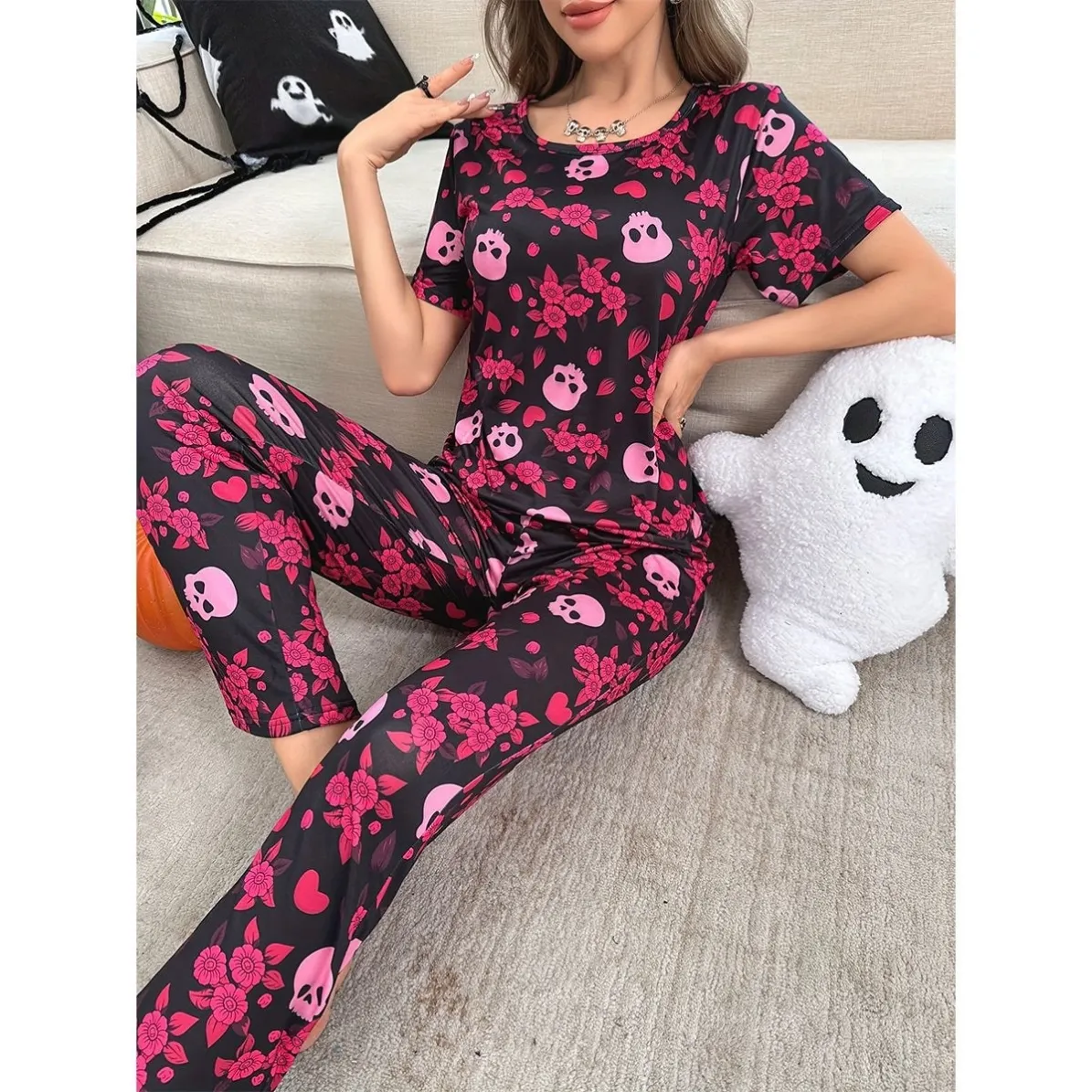 women milk silk lightweight printed pajama set xlk93025 lifestyle view