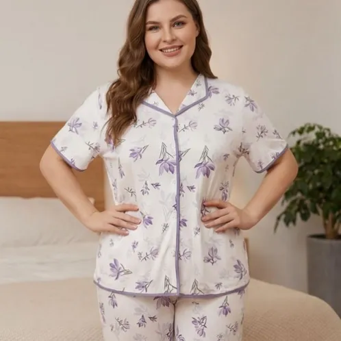 short sleeve lapel collar printed long pants pajama set xlkte-161 detail view