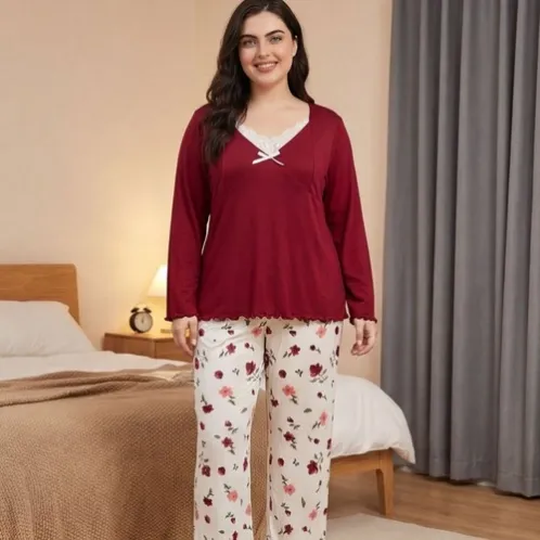 plus size long sleeve printed long pants pajama set xlkl680 front view