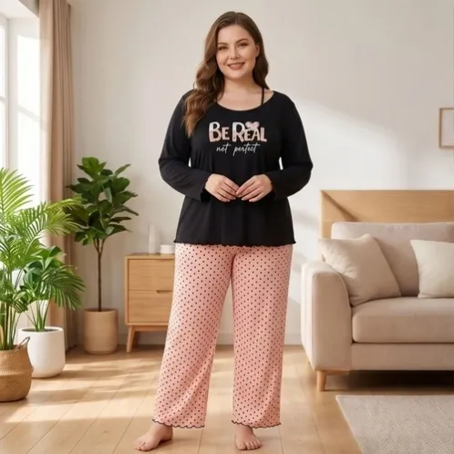 plus size long sleeve round neck printed long pants pajama set xlkl644 front view