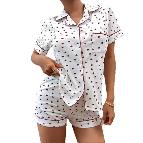 women heart print cotton pajama set white front standing view