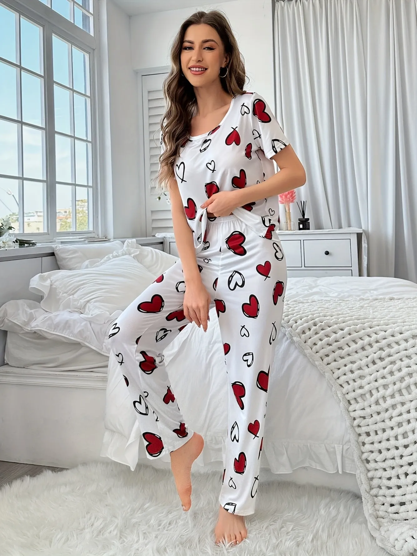 women milk silk printed short sleeve long pants pajama set xlk93075 lifestyle view
