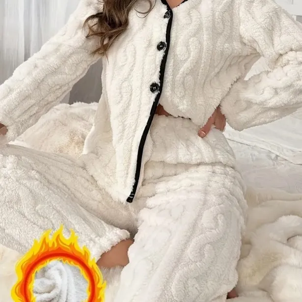 women flannel warm button front long sleeve long pants pajama set xlk5312-2 lifestyle view