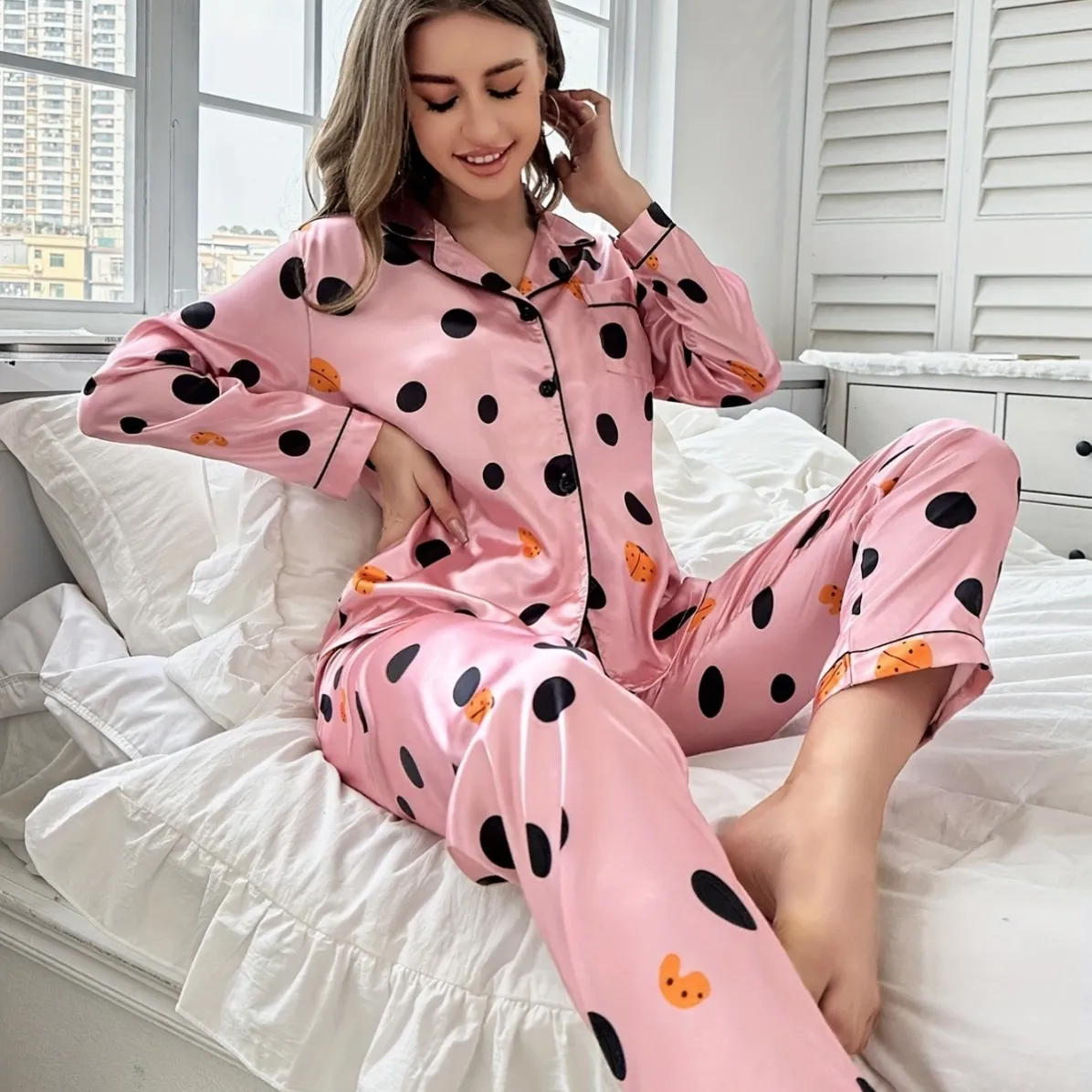women faux silk button front pajama set xlk222003 lifestyle view