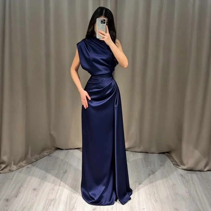 satin round neck waist tie ruched evening dress xlk6002 front view