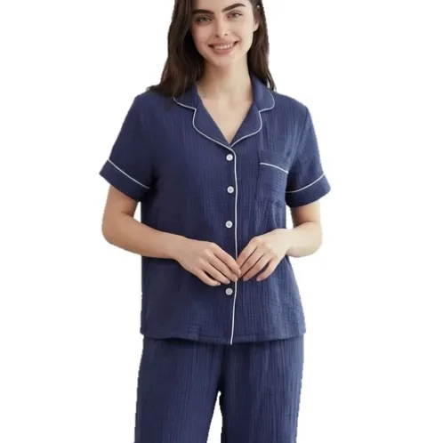 short sleeve lapel collar button front long pants pajama set xlkl854 front view
