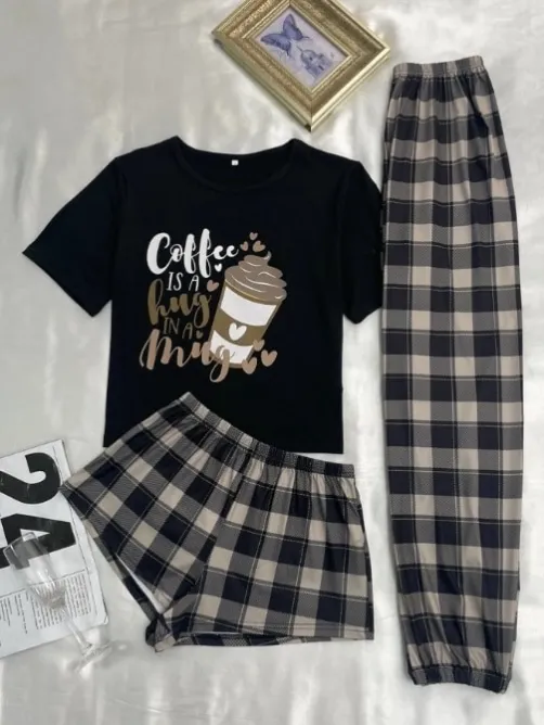 women milk silk lightweight cartoon print plaid three piece pajama set xlk600826 lifestyle view