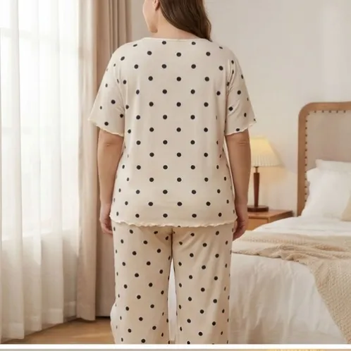 plus size short sleeve lace trim polka dot nightdress xlkl564 detail view