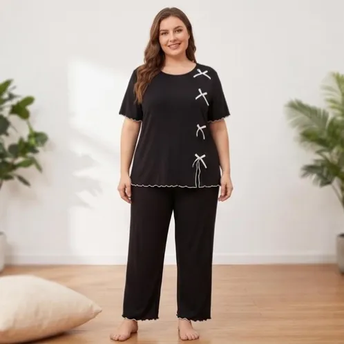 plus size short sleeve solid color long pants pajama set xlkl421 color option
