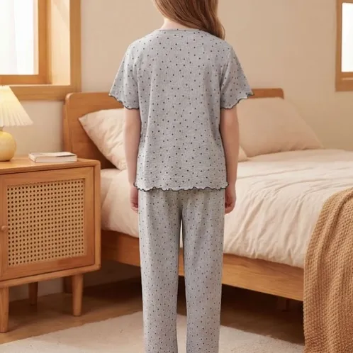 short sleeve lace trim polka dot pajama set xlkl581 detail view