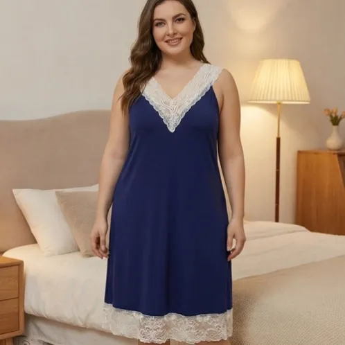 plus size sleeveless v-neck lace trim nightdress xlkte-095 detail view