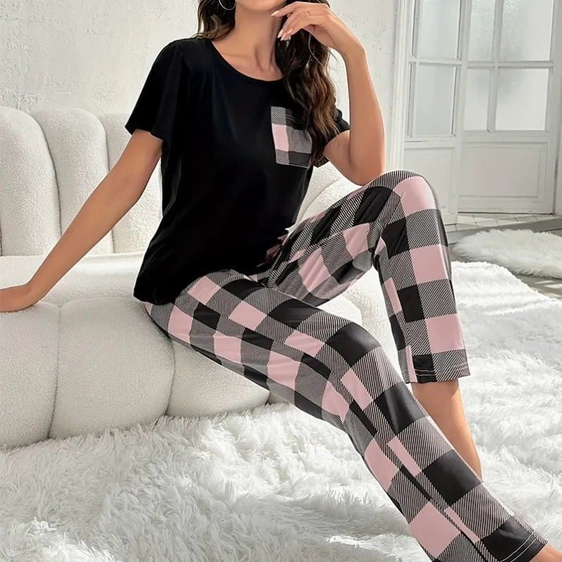 women milk silk lightweight plaid pajama set xlk93028 lifestyle view