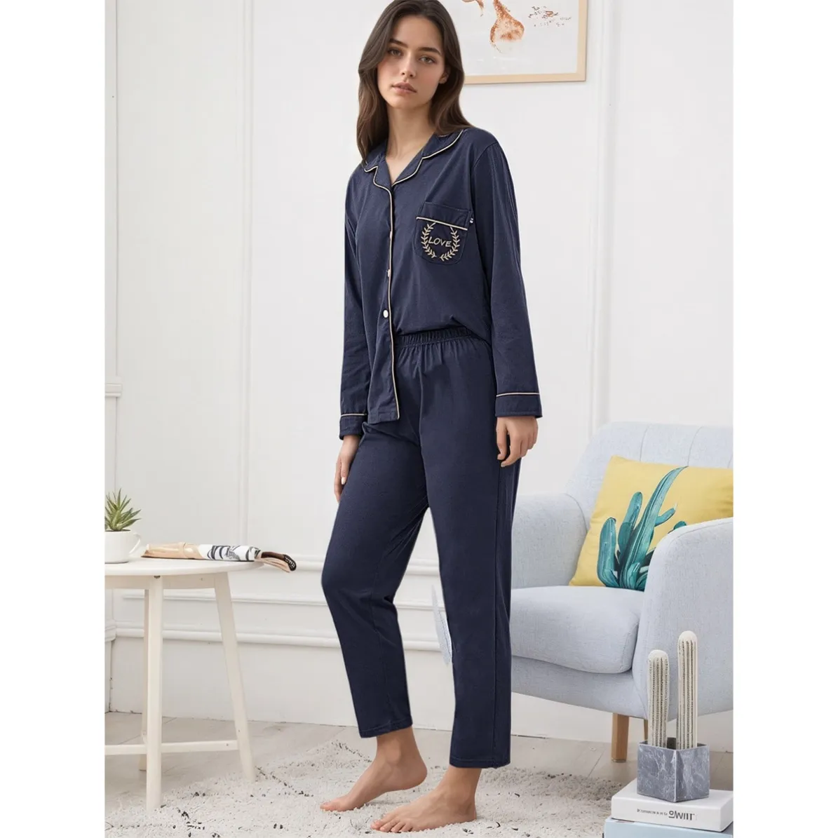 women cotton button front long sleeve long pants pajama set xlk411 lifestyle view