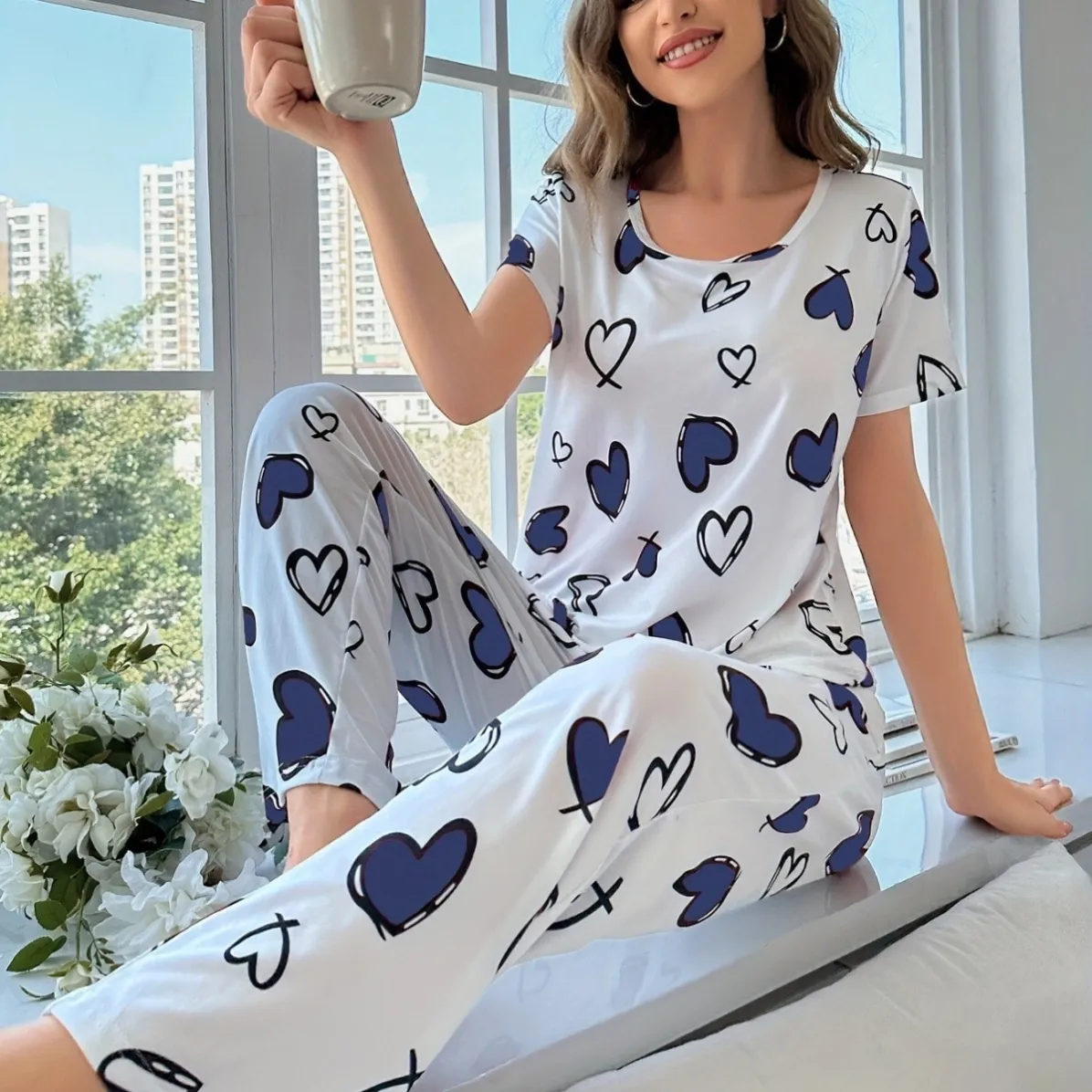 women milk silk printed short sleeve long pants pajama set xlk93075 front view