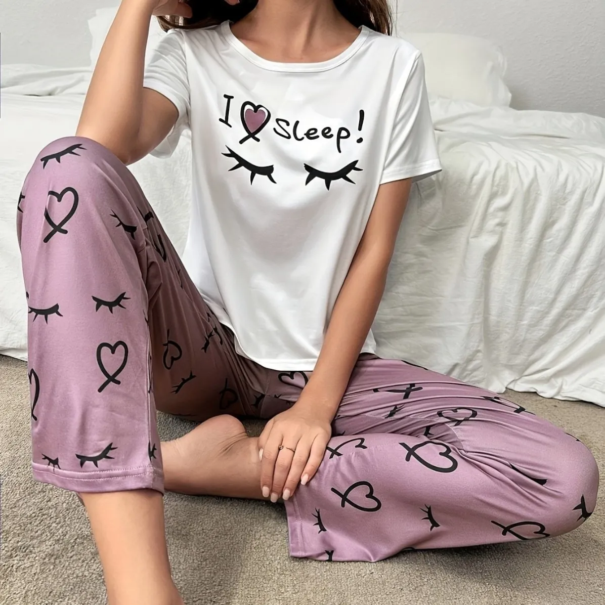 women milk silk printed short sleeve long pants pajama set xlk93056 lifestyle view