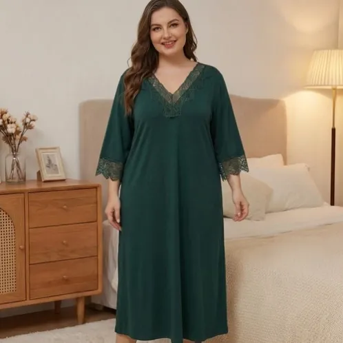 plus size lace trim solid color nightdress xlkl426 front view