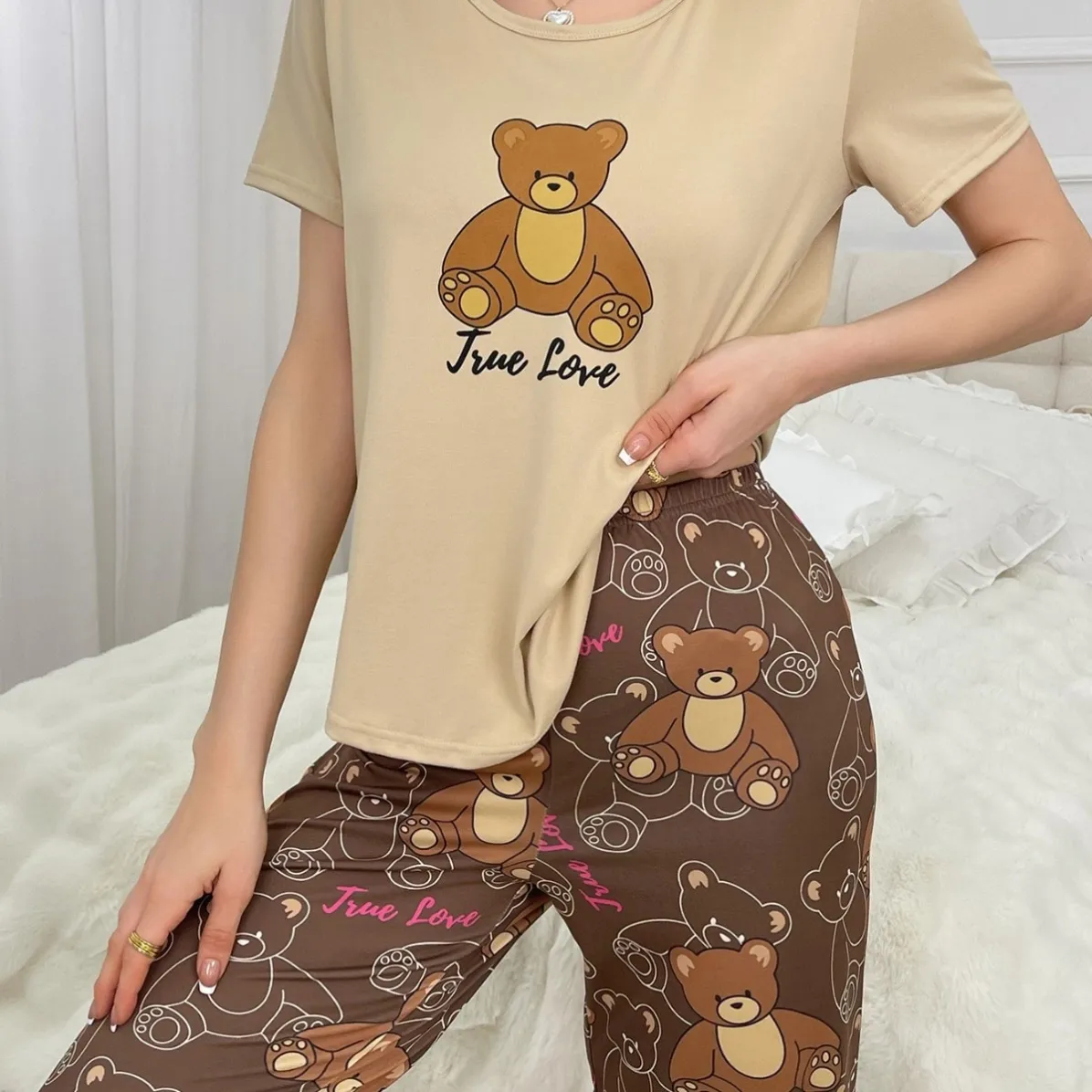 women milk silk lightweight cartoon print pajama set xlk28864 lifestyle view