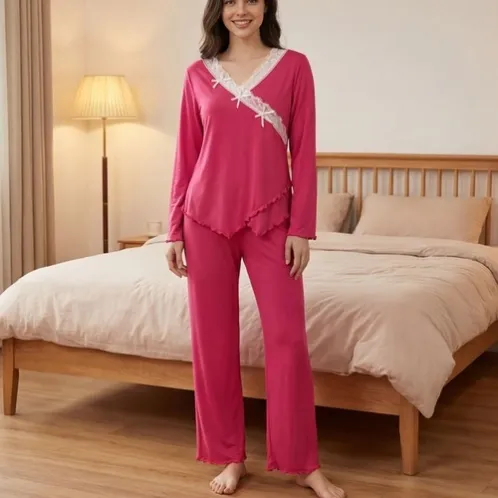 long sleeve v-neck lace trim long pants pajama set xlkl699 front view